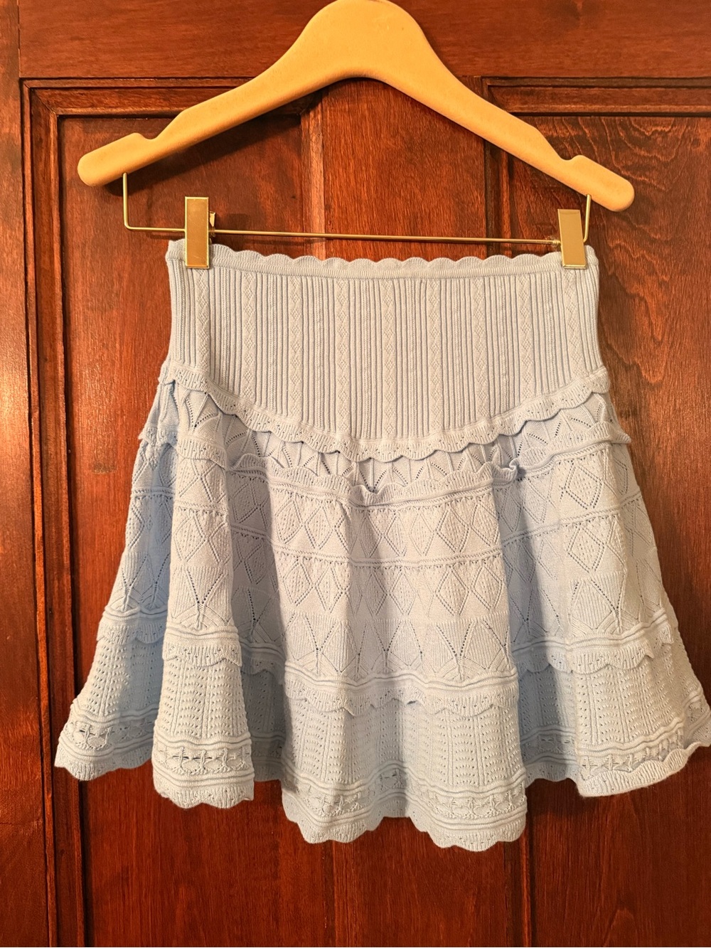 LoveShackFancy Pale Blue Knit Tiered Skater Skirt